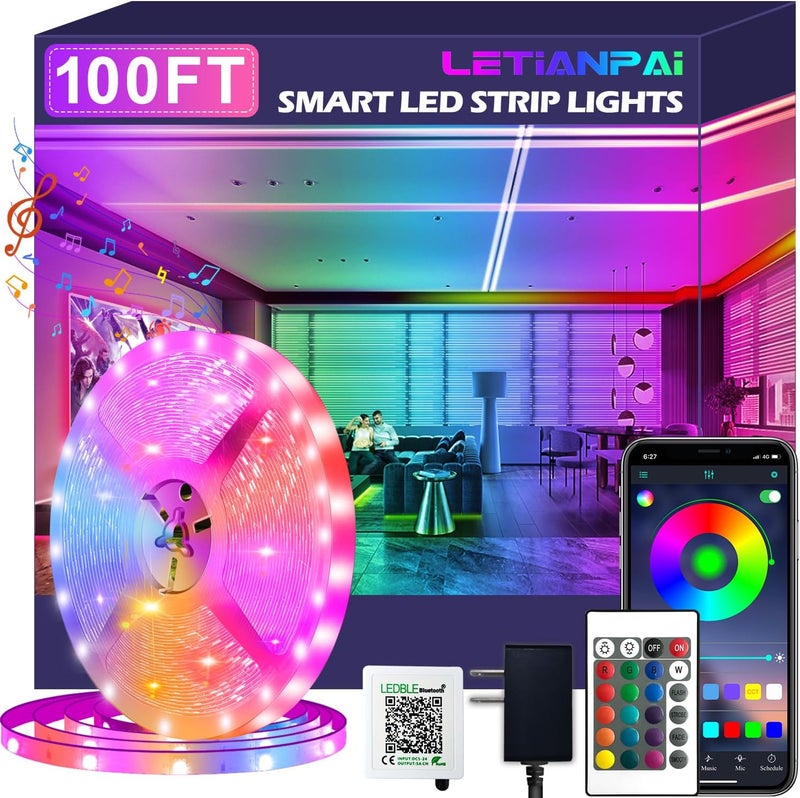 LETIANPAI 100ft Led Strip Lights,Long Smart Led Light Strips Music Sync 5050 RGB Color Changing Rope Lights,Bluetooth APP/IR Remote/Switch Box Control Led Lights for Bedroom,Home Decoration,Party,Festival - Image 1